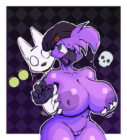 angry anthro areola beanie behind_another big_areola big_breasts bodily_fluids breasts clothing cross-popping_vein duo emoji female genitals green_eyes hat head_tuft headgear headwear holding_both_breasts holding_breast looking_at_another male male/female nervous nervous_sweat nipples purple_body sweat tuft vulva white_body sr_empanada beat_banger bunfan_games anthro_anon zoe_monroe avian bird canid mammal