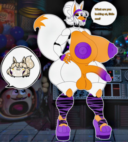 ambiguous_gender anthro areola balls big_balls big_penis black_sclera breasts clothing dialogue duo flaccid footwear fur genitals glans gynomorph hair high_heels intersex larger_intersex lipstick machine makeup montgomery_glands multicolored_body nipples offscreen_character orange_balls orange_body orange_breasts penis purple_areola purple_clothing purple_footwear purple_glans purple_high_heels purple_lipstick purple_nipples shoes size_difference text two_tone_body white_body white_eyes white_fur white_hair fallencito five_nights_at_freddy's five_nights_at_freddy's_world scottgames sister_location fan_character lol_(fallencito) lolbit_(fnaf) animatronic canid canine fox mammal robot robot_anthro english_text hi_res male_(lore)