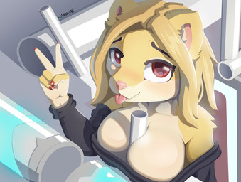 anthro between_breasts big_breasts blonde_hair blush breasts clothed clothing female fur gesture hair hand_gesture looking_at_viewer red_eyes smile solo sweater text tongue tongue_out topwear v_sign jampalanga mammal mink mustelid musteline true_musteline absurd_res digital_media_(artwork) hi_res