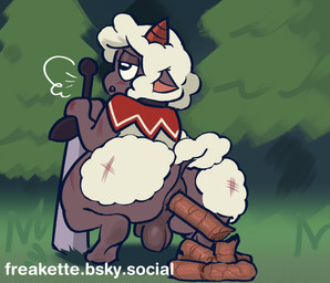 2_horns anthro anus balls big_anus big_butt black_eyes blush blush_lines breath brown_horn butt capelet capelet_only clothing crouching evergreen_tree feces feces_pile flaccid fur genitals grass grey_anus grey_balls grey_body grey_ears grey_penis grey_skin half-closed_eyes holding_melee_weapon holding_object holding_sword holding_weapon horn huge_butt male male_anthro male_pooping melee_weapon mostly_nude mostly_nude_anthro mostly_nude_male narrowed_eyes nature open_mouth outside penis pine_tree plant pooping red_capelet red_clothing scratches short_horn small_horn solo sword tail teeth text tree weapon white_body white_fur white_tail wool_(fur) freakette cult_of_the_lamb massive_monster_(studio) lamb_(cult_of_the_lamb) bovid caprine domestic_sheep mammal sheep 2025 hi_res url