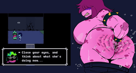 anal anal_fisting anal_penetration anthro armband autofisting autopenetration big_breasts big_butt bite biting_lip bodily_fluids bottomwear bottomwear_down bracelet breasts butt clothed clothing curvy_figure dialogue female fisting group hair hair_over_eyes huge_breasts huge_butt jewelry long_hair male markings masturbation nipples pants pants_down partially_clothed penetration pink_body pink_hair screencap sharp_teeth spiked_armband spiked_bracelet spikes spots spotted_body sweat sweaty_butt teeth text text_box thick_thighs trio voluptuous wide_hips isolatedartest deltarune undertale_(series) kris_dreemurr ralsei susie_(deltarune) bovid caprine dinosaur goat human mammal prehistoric_species reptile scalie 2026 absurd_res english_text hi_res