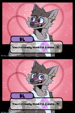 anthro blush blush_lines bodily_fluids cheek_tuft clothing ear_piercing ear_ring facial_tuft flustered fur gameplay_mechanics grey_body grey_fur head_tuft heart_eyes heart_symbol male multicolored_body multicolored_fur neck_tuft nervous open_mouth piercing pointy_ears purple_body purple_eyes purple_fur purple_nose ring_piercing shirt shy snaggle_tooth solo sweat sweatdrop tank_top text text_box topwear tuft visual_novel_interface white_clothing white_shirt white_tank_top white_topwear jinxsis nintendo splatoon dl_wolf_(dl2288) canid canine canis mammal wolf comic english_text hi_res