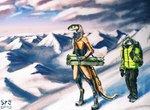 anthro arctic clothing cloud coat device drill gear gloves handwear jacket jumpsuit landscape mountain mountain_range sky skyscape snow topwear winter_clothing dirtypaperjoe ivy_(dirtypaperjoe) milo_(dirtypaperjoe) garter_snake mammal procyonid raccoon reptile scalie snake 2024 absurd_res digital_drawing_(artwork) digital_media_(artwork) hi_res