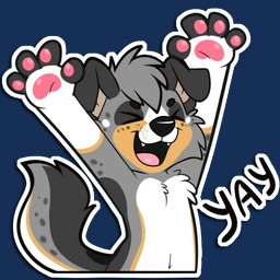 anthro belly excited eyes_closed floppy_ears folded_ears grey_body grey_spots open_mouth open_smile pawpads paws pink_pawpads raised_arms smile solo spots tail telegram_sticker text white_belly white_spots yay young young_anthro niu-ka canid canine canis domestic_dog mammal 1:1