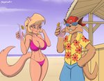 anthro backwards_baseball_cap backwards_hat baseball_cap beach bendy_straw beverage big_breasts bikini bottomwear breasts clothing drinking_straw duo eyewear female flower glasses hat headgear headwear male plant seaside shirt shorts sunglasses swimwear topwear two-piece_swimsuit stogiegoatarts hanna-barbera swat_kats callie_briggs jake_clawson domestic_cat felid feline felis mammal 2019 absurd_res hi_res