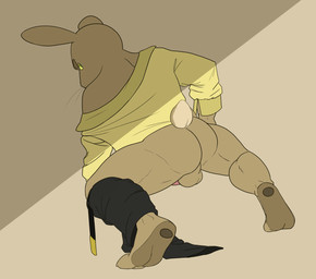 anthro balls bottomwear brown_body brown_fur butt clothed clothing fur genitals looking_at_viewer male muscular muscular_anthro muscular_male pants partially_clothed pawpads paws presenting presenting_hindquarters simple_background solo audreydoesstuff hare lagomorph leporid mammal flat_colors