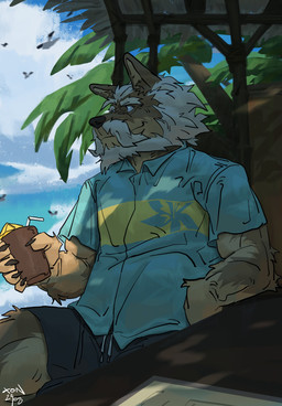 aloha_shirt anthro beach beverage brown_body brown_fur clothing facial_hair fur hair male mature_male mustache pattern_clothing pattern_shirt pattern_topwear shirt smile solo topwear white_hair xone3log cyberconnect2 fuga:_melodies_of_steel little_tail_bronx colonel_pretzel canid canine caninu canis domestic_dog mammal absurd_res hi_res
