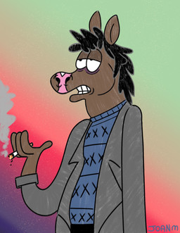 anthro black_bottomwear black_clothing black_hair black_pants blue_clothing blue_sweater blue_topwear bottomwear brown_body brown_fur cigarette clothing fur grey_suit_jacket hair half-closed_eyes holding_cigarette holding_object humanoid_hands male narrowed_eyes pants pink_nose smoking solo standing sweater topwear joantoonz bojack_horseman netflix bojack_horseman_(character) equid equine horse mammal hi_res