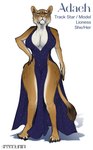 anthro big_breasts breasts clothed clothing curvy_figure dress droopy_eyes ear_piercing female fur hand_on_hip hourglass_figure larger_female looking_at_viewer looking_down looking_down_at_viewer piercing size_difference solo sparkles tall tall_ears text thick_thighs band1tnsfw adaeh felid lion mammal pantherine absurd_res english_text full-length_portrait hi_res portrait