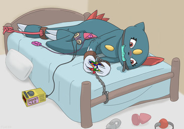 ankle_cuffs asymmetrical_ears ball_gag balls bit_gag blush bodily_fluids buttplug cable chain challenge cock_and_ball_torture cuff_(restraint) egg_vibrator electrode electrode_on_balls electrode_pad electrostimulation feral gag genital_fluids genital_torture genitals leather leather_cuffs male penile penis plug_(sex_toy) precum remote_controlled_vibrator restraints rope sex_toy solo vibrator vibrator_on_penis wrist_cuffs fuzzo nintendo pokemon rubik's_cube generation_2_pokemon pokemon_(species) sneasel