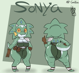 2_horns 3_toes 4_fingers anklet anthro bandeau belt big_breasts big_butt big_eyes bottomwear breasts brown_bandeau brown_belt brown_bottomwear brown_clothing brown_gloves brown_handwear brown_skirt brown_topwear bubble_butt butt claws cleavage closed_smile clothed clothing digitigrade ear_frill eyelashes feet female fingers freckled_face freckles frill_(anatomy) geometric_background gesture gloves green_background green_body grey_jewelry grey_necklace hand_gesture hand_on_hip handwear happy horn huge_butt huge_hips huge_thighs jewelry loincloth markings mouth_closed multicolored_body navel necklace non-mammal_breasts pouch_(clothing) pupils red_eyes shortstack shortstack_female shoulder_pads simple_background skimpy skirt slit_skirt smile snout solo spots spotted_body standing tail thick_thighs thumbs_up toe_claws toes topwear translucent_tail two_tone_body under_boob white_body wide_hips yellow_sclera luanctoons sonya_(luanctoons) kobold scalie 2023 absurd_res cel_shading digital_media_(artwork) hi_res model_sheet shaded signature