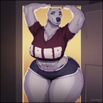 anthro big_breasts black_border border bottomwear breasts clothed clothing curvy_figure eyebrows female fur hotpants inside midriff shorts solo standing thick_thighs topwear voluptuous white_body white_fur wide_hips greasymojo andrea_novak bear mammal polar_bear ursine 2025 absurd_res hi_res signature