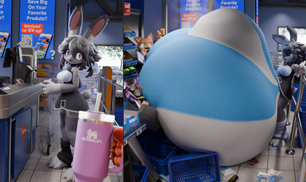 ambiguous_gender anthro balls beverage big_balls big_bulge big_penis bottomwear breasts bulge candy checkout chocolate clothing dessert detailed_bulge energy_drink food genital_growth genital_outline genitals gift_card grocery_store group growth gynomorph huge_balls huge_bulge huge_penis hyper hyper_balls hyper_bulge hyper_genitalia hyper_penis intersex looking_at_viewer panties pattern_bottomwear pattern_clothing pattern_panties pattern_underwear penis penis_growth penis_outline shopping_basket shopping_cart store striped_bottomwear striped_clothing striped_panties striped_underwear stripes text trio two_panel_image underwear tooeks canid canine lagomorph leporid mammal rabbit absurd_res english_text hi_res