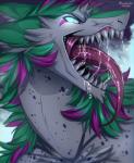 anthro blue_eyes bodily_fluids dots drooling fur green_hair hair looking_at_viewer male open_mouth pink_hair saliva smile solo tongue tongue_out white_body white_fur blazitastic_(artist) vaptvulpe mel_lancia sergal 2019 digital_media_(artwork) hi_res