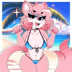 anthro arm_tuft beach bikini blue_bikini blue_clothing blue_eyes blue_swimwear breasts choker clothing collarbone elbow_tuft eyebrows eyelashes female front-tie_bikini fur hair jewelry looking_at_viewer necklace open_mouth pink_body pink_fur pink_hair shoulder_tuft solo sparkles swimwear tuft two-piece_swimsuit white_body white_fur wireless_shiba vg_cats aeris_(vg_cats) domestic_cat felid feline felis mammal 1:1 2024 absurd_res hi_res