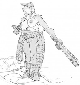 4_eyes anthro armor breasts chain_sword chainsword clothed clothing discarded_armor discarded_clothing dressing female half_naked holding_melee_weapon holding_object holding_weapon melee_weapon multi_eye solo standing topless undressing weapon kofomy unknown_species greyscale hi_res monochrome