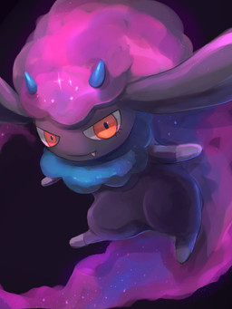 ambiguous_gender black_background black_body blue_horn chibi fangs feral hair horn long_hair looking_at_viewer pink_hair purple_hair red_eyes simple_background small_horn solo teeth ib0314 palworld pocketpair daedream pal_(species) absurd_res hi_res