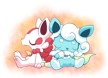 ambiguous_gender anthro blue_body blue_fur blush cute_fangs duo fangs featureless_crotch fur open_mouth red_body red_fur semi-anthro simple_background sleeping teeth white_body white_fur nettsuu 2020_tokyo_olympics olympics canid canine felid mammal character_request