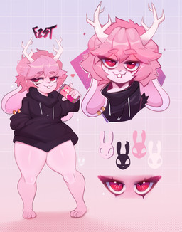 anthro antlers bedroom_eyes beverage_can bottom_heavy bottomless bottomless_anthro bottomless_male butt clothed clothing ear_piercing ear_ring femboy fur hair half-closed_eyes heart_symbol hoodie horn male narrowed_eyes pattern_background piercing pink_body pink_fur pink_hair ring_piercing seductive shortstack simple_background smile smirk smug smug_face solo thick_thighs topwear wide_hips conditional_dnp punkypanda fzst jackalope lagomorph mammal absurd_res hi_res model_sheet