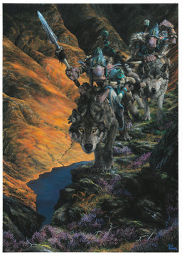 ambiguous_gender big_nose bow_(weapon) claws clothing detailed_background feral fur grass grey_body grey_fur group hat headgear headwear holding_bow_(weapon) holding_melee_weapon holding_object holding_polearm holding_ranged_weapon holding_spear holding_weapon humanoid_pointy_ears looking_at_viewer melee_weapon outside plant pointy_ears polearm ranged_weapon riding rock shield spear walking water weapon paul_bonner canid canine canis humanoid mammal troll_(mythology) wolf hi_res traditional_media_(artwork)
