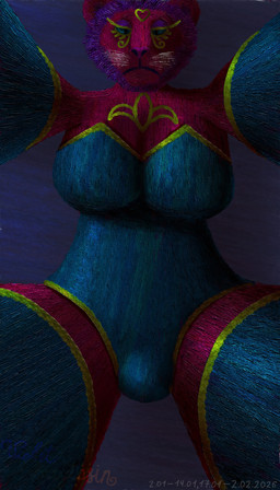 anthro arm_warmers armwear big_breasts blue_eyes breasts bulge clothing dress first_person_view front_view golden_markings gynomorph heart_(marking) huge_breasts intersex legwear low-angle_view mane markings night purple_mane red_body solo stockings thick_thighs whiskers violet_foxytosin queen_vivienne_(violet_foxytosin) felid lion mammal pantherine 2026 absurd_res dated digital_media_(artwork) hi_res krita_(artwork) signature trans_(lore) trans_woman_(lore)