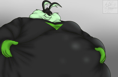 anthro belly belly_grab big_belly black_and_green blob_face chubby_cheeks clothing folds growth male moobs morbidly_obese obese overweight overweight_male solo uniform uniformed_male weight_gain coyocislav loonatics_unleashed looney_tunes warner_brothers tech_e._coyote canid canine canis coyote mammal hi_res