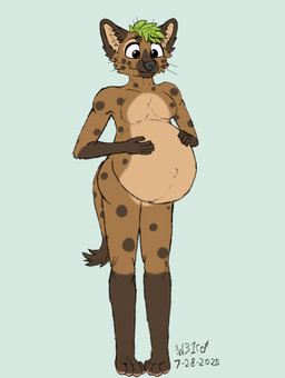 anthro belly black_eyes brown_body brown_fur female fur green_hair grey_nose hair hyper hyper_pregnancy markings pregnant pregnant_female pregnant_teenager simple_background solo spots spotted_body tan_belly w31rd vannie_(w31rd) hyena mammal absurd_res hi_res