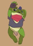 anthro balls blue_eyes bottomless clothed clothing fingerless_gloves flaccid genitals gloves handwear hat headgear headwear kerchief male penis simple_background solo tan_background flookz nintendo star_fox slippy_toad amphibian frog