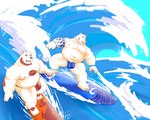 anthro belly big_belly bulge clothing detailed_background duo humanoid_hands kemono male moobs nipples outside overweight overweight_male surfboard surfing swimwear tattoo morino8484 bear mammal polar_bear ursine 2023 hi_res