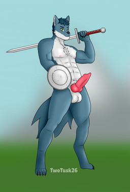 anthro balls blue_body blue_fur claws erection fur furry_balls genitals green_eyes knot knotted_penis male melee_weapon muscular nipples nude penis pink_nipples shield solo standing sword tail weapon twotusk canid canine canis mammal wolf hi_res