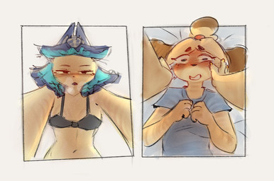 anthro bed black_bra black_clothing black_underwear blonde_hair blue_hair blush bottom_pov bra breasts clothing duo eyelashes female female/female furniture hair hand_on_cheek narrowed_eyes nervous shirt small_breasts top_pov topwear underwear yellow_body trashyy_noway animal_crossing nintendo ankha_(animal_crossing) isabelle_(animal_crossing) canid canine canis domestic_cat domestic_dog felid feline felis mammal shih_tzu toy_dog