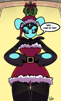 antennae_(anatomy) anthro bedroom_eyes big_breasts biped black_body black_sclera breasts camel_toe christmas_clothing christmas_dress christmas_headwear cleavage clothed clothing dialogue dress eyeshadow female front_view hands_on_hips hat headgear headwear holidays looking_at_viewer makeup mistletoe mouthless narrowed_eyes noseless panties plant red_clothing red_panties red_underwear santa_hat seductive solo speech_bubble strapless_clothing strapless_dress talking_to_viewer underwear wide_hips leyla0223 ben_10 cartoon_network christmas px_0-25 alien animal_humanoid humanoid kineceleran 3:5 hi_res