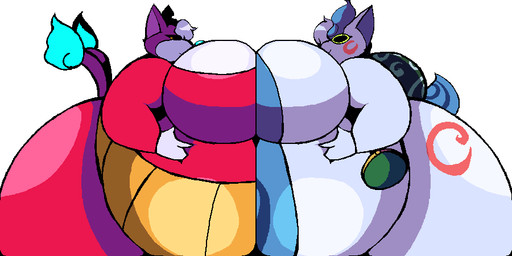 2_tails anthro belly belly_overhang belly_press belly_squish belly_warmer big_belly big_breasts big_butt blue_belly blue_fire breasts butt clothing colored_fire crossgender duo female fire head_tuft huge_belly huge_breasts huge_butt markings multi_tail notched_ear obese obese_anthro obese_female overweight overweight_anthro overweight_female purse red_body squish tail tuft white_body yellow_clothing testthehuman asian_mythology east_asian_mythology japanese_mythology level-5 mythology yo-kai_watch jibanyan komasan canid canine canis felid feline felis foo_dog komainu mammal mythological_creature spirit yokai 2:1 2d_animation animated