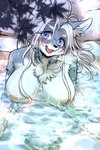 anthro bathing big_breasts blush breasts chest_tuft female female_anthro fur grey_body grey_fur hair hot_spring inverted_nipples kemono long_hair looking_at_viewer nipples nude open_mouth outside partially_submerged pubes smile solo teeth tongue tuft water wet white_body white_fur white_hair ookamiwaho okami_bark canid canine canis mammal wolf 2:3 digital_media_(artwork) hi_res