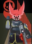 anthro armor atomicbonker chat colorful_theme cookout cthuwulhu democracy eclipse emblem fluffy fur gas gesture gun helldiver hi_res hobkin male managed mask medium prick_ears purifying ranged_weapon red_body red_eyes red_fur red_nose salute sg-451 solo weapon