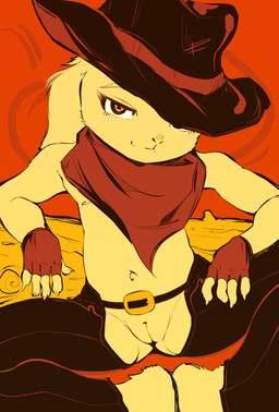 anthro chaps clothing cowboy_hat cowgirl_outfit female fingerless_gloves floppy_ears genitals gloves handwear hat headgear headwear kerchief log lop_ears navel nipples sitting smile smiling_at_viewer smirk smirking_at_viewer solo spread_legs spreading toddler vulva wood young young_female mylen lagomorph mammal absurd_res hi_res
