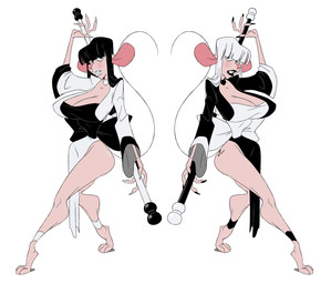 anthro big_breasts black_hair black_lipstick breasts buckteeth cleavage clothed clothing duo female grey_eyes hair holding_object light_body light_skin lipstick long_hair looking_at_viewer makeup simple_background standing teeth white_background white_hair white_lipstick slb bai_shu_(slb) bao_shu_(slb) mammal mouse murid murine rodent 2015 digital_media_(artwork) hi_res signature