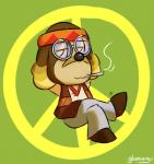 alternative_fashion anthro brown_body brown_fur clothed clothing drugs eyewear fur glasses green_background hippie looking_at_viewer male marijuana peace_symbol simple_background smile solo glomiagui animal_crossing nintendo harvey_(animal_crossing) canid canine canis domestic_dog mammal hi_res watermark