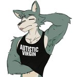 anthro armpit_hair autism big_muscles blep bodily_fluids body_hair clothed clothing eyebrows eyes_closed fur hand_behind_head male muscular muscular_anthro muscular_male navel shirt simple_background solo stated_virginity sweat tank_top text text_on_clothing text_on_shirt text_on_tank_top text_on_topwear tongue tongue_out topwear tuft virgin white_background jicjicu beastars legoshi_(beastars) canid canine canis mammal wolf 2024 english_text