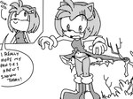 accident accidental_exposure anthro blush blush_lines boots branch clothing dialogue dress embarrassed female footwear shoes solo text thin_thighs torn_clothing torn_dress wardrobe_malfunction mario-grant sega sonic_the_hedgehog_(series) amy_rose eulipotyphlan hedgehog mammal 2022 dithering english_text greyscale monochrome