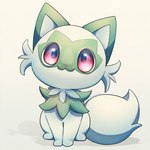 ambiguous_gender big_eyes feral looking_at_viewer paws red_eyes simple_background sitting smile solo kompeito nintendo pokemon generation_9_pokemon pokemon_(species) sprigatito 1:1 hi_res