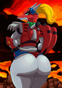 anthro armor big_breasts big_butt blonde_hair breasts butt crossgender curvy_figure eyelashes female glistening glistening_body green_eyes grey_body grey_horn hair horn lava machine metallic_body non-mammal_breasts ponytail red_body robot_wings snout solo volcano voluptuous yiezzas capcom mega_man_(series) mega_man_x_(series) mythology magma_dragoon dragon mythological_creature mythological_scalie reploid robot scalie 2026 absurd_res hi_res