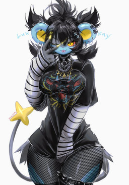 anthro anthrofied big_breasts black_hair blue_body breasts clothed clothing collar ear_piercing electricity eyebrows eyelashes female fishnet_clothing fishnet_legwear front_view fur gesture glowing_nails grey_body grey_fur hair hand_gesture legwear looking_at_viewer one_eye_closed piercing pokemorph simple_background small_waist solo spiked_collar spikes tail thick_thighs tongue tongue_out tongue_piercing v_sign white_background wide_hips yellow_sclera maimoonrabbit nintendo pokemon generation_4_pokemon luxray pokemon_(species) 2025 hi_res signature