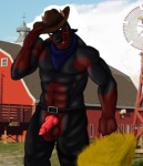 abs animal_genitalia animal_penis anthro balls barn belt biceps big_muscles biped black_body black_fur blue_eyes bodily_fluids bottomwear brown_clothing brown_cowboy_hat brown_hat brown_headwear canine_genitalia canine_penis chaps clothed clothing cowboy cowboy_hat erection farm fur genitals hat hay hay_bale headgear headwear humanoid_pointy_ears kerchief knot leather male mostly_nude muscular muscular_anthro muscular_male neckerchief pants pecs penis pose red_body red_fur scarf sheath solo standing sweat topless vein western linkin_monroe linkin canid canine canis domestic_dog mammal 2011 hi_res