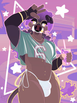 accessory anthro beverage bikini_thong black_body black_fur bottomwear bracelet brown_body brown_fur bulge canned_drink cheek_tuft clothed clothed_male clothing crop_top curly_hair detailed_background dreadlocks ear_piercing ear_scar eyewear facial_tuft femboy feminine fingers floppy_ears fur furgonomics glasses hair holding_beverage holding_object jersey jewelry looking_at_viewer male markings multicolored_body multicolored_hair navel navel_piercing necklace nipple_piercing nipples open_mouth oversized_clothing partially_clothed peace_symbol piercing pig_nose pose purple_body purple_fur purple_hair raised_arm ring scar sharp_teeth shirt slim soda solo spots spotted_markings standing star swimwear tail tail_accessory tail_jewelry tail_ring teeth thong topwear tuft tusks two_tone_body two_tone_hair underwear yellow_eyes yellow_eyewear yellow_glasses retrobeastto grand_theft_auto gta_vi_cover_girl rockstar_games beastto_(retrobeastto) mammal suid suine sus_(pig) wild_boar absurd_res digital_media_(artwork) hi_res nonbinary_(lore)
