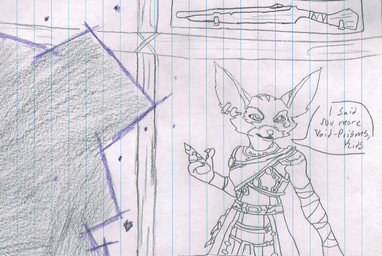 ambiguous_gender anthro clothing dialogue ear_piercing ear_ring ears_up gesture gun hand_gesture piercing pointing portal ranged_weapon ring_piercing solo speech_bubble text weapon wrappings grayfurredwolf blizzard_entertainment warcraft knotfur canid canine fox mammal vulpera english_text sketch traditional_media_(artwork) gynomorph_(lore) intersex_(lore)
