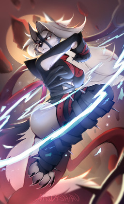 action_pose anthro boots claws clothed clothing combat_boots female fighting_pose footwear fully_clothed hair long_hair magic moon night pose rock shards shoes solo weapon white_body akilashiru hellaverse helluva_boss mythology loona_(helluva_boss) malice_loona_(mangakitsune2) canid canid_demon canine demon hellhound mammal mythological_canine mythological_creature absurd_res full-length_portrait hi_res portrait