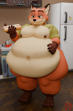 anthro belly big_belly big_butt butt food hot_dog huge_belly huge_butt huge_thighs kitchen male moobs obese obese_anthro obese_male overweight overweight_anthro overweight_male solo standing thick_thighs weight_gain wide_hips vep125 kabalmystic_(modeler) disney zootopia nick_wilde canid canine fox mammal red_fox true_fox 3d_(artwork) digital_media_(artwork) hi_res
