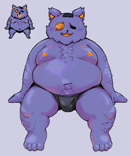 anthro belly briefs bulge button_(fastener) button_eyes clothing fur grin male moobs navel nipples overweight purple_body purple_fur smile solo teeth underwear yellow_teeth thebunslover deltarune undertale_(series) seam_(deltarune) domestic_cat felid feline felis mammal digital_media_(artwork) hi_res pixel_(artwork)