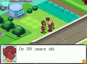 anthro biped bottomwear brown_bottomwear brown_clothing brown_footwear brown_hair brown_pants brown_shoes cane cheek_tuft clothed clothing countershade_ears countershade_fur countershade_tail countershading detailed_background dialogue duo elderly eyebrows eyewear facial_tuft flesh_fang footwear front_view fully_clothed fur game_background glasses green_eyes hair hand_behind_back high-angle_view humor inner_ear_fluff isometric male mouth_closed pants plant plantigrade pointy_ears prick_ears rear_view red_body red_countershading red_fur red_hair screencap screencap_background shoes short_hair snout standing stated_age sweater tail tapering_tail text text_box topwear tree tuft water wearing_glasses yellow_clothing yellow_eyewear yellow_glasses yellow_sweater yellow_topwear terrathewizard capcom mega_man_(series) mega_man_star_force mythology terra_(terrathewizard) canid canine canis dragon furred_dragon furred_scalie human hybrid mammal mythological_creature mythological_scalie scalie wingless_dragon wolf 2025 artist_name dated digital_drawing_(artwork) digital_media_(artwork) english_text mixed_media pixel_(artwork) andromorph_(lore)